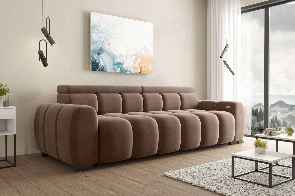 BIGSOFA ALESSIO Velours Taupe mit elektrischer Sitztiefenverstellung - Taupe, Kunststoff/Textil (248/77/108cm) - 99rooms