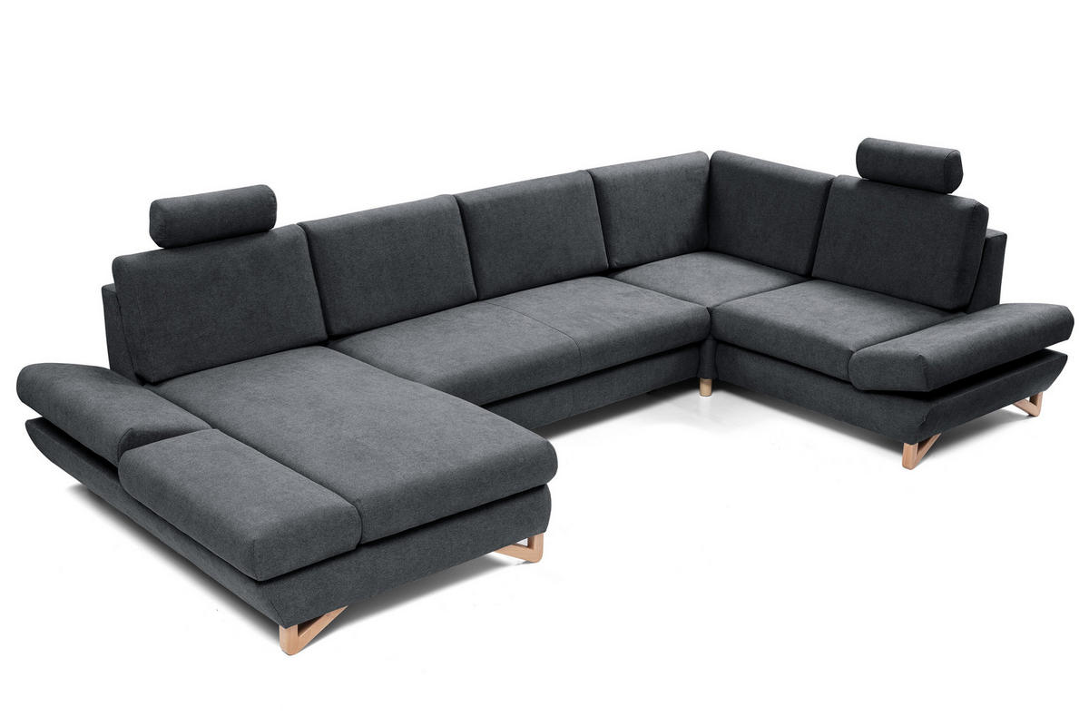 WOHNLANDSCHAFT CASA IV R-S Anthrazit Plüsch-Stoff mit Schlaffunktion - Anthrazit, Holz (344/100/199cm) - MASSENO