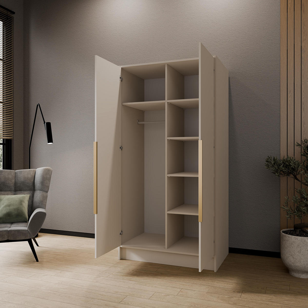 DREHTÜRENSCHRANK RENVO 102/200/51 cm Modern Kleiderschrank 2-türig mit Spiegel Kaschmir - Kaschmir, Holzwerkstoff (102/200/51cm) - MASSENO