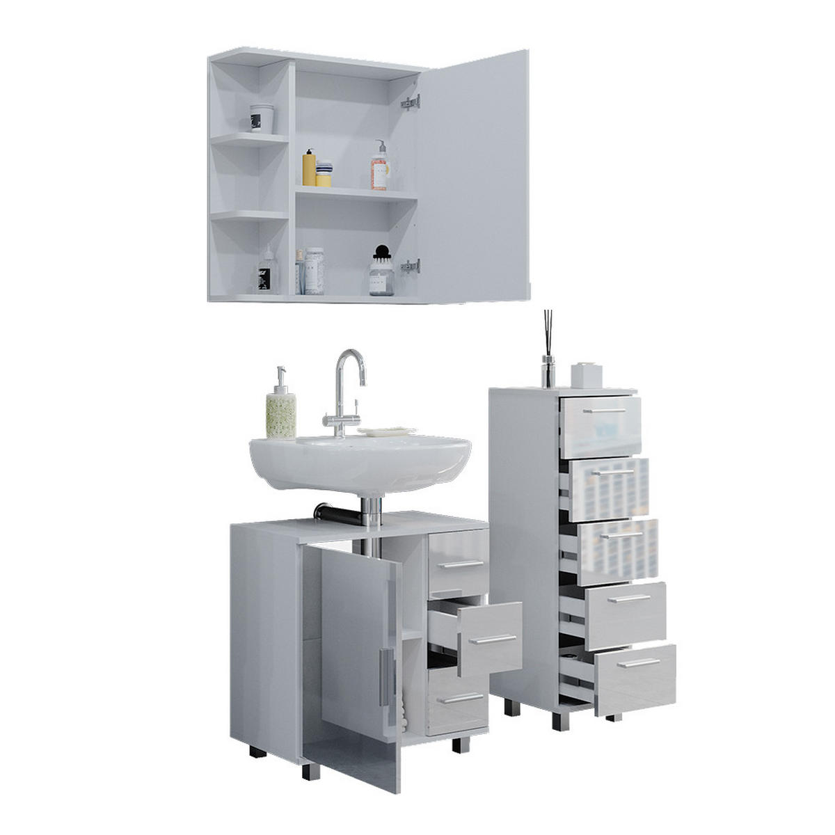 BADMÖBEL-SET Ilias Weiß Hochglanz 3 Teile, mit Midischrank - Weiß Hochglanz/Weiß, Holzwerkstoff (60/60.8/33cm) - Vicco