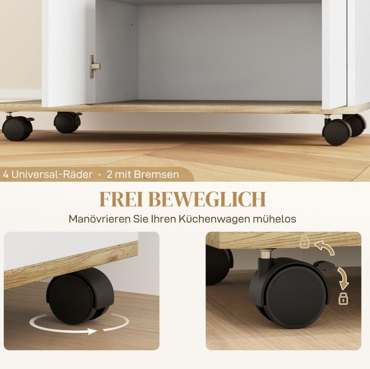 KÜCHENWAGEN mit Stauraum 80 x 40 x 82 cm Naturholz Weiß - Naturfarben, Holz (40/82/80cm) - Beauniv