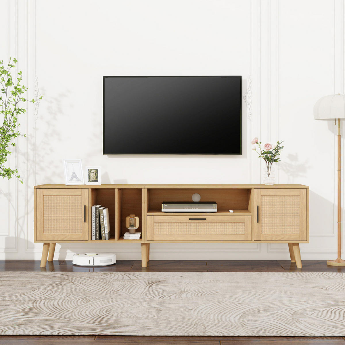 TV-SCHRANK 180cm Rattandekor 2 Türen 1 Schublade Massivholzbeine bis 80 Zoll - Braun, Holz (40/16/92cm) - FLIEKS