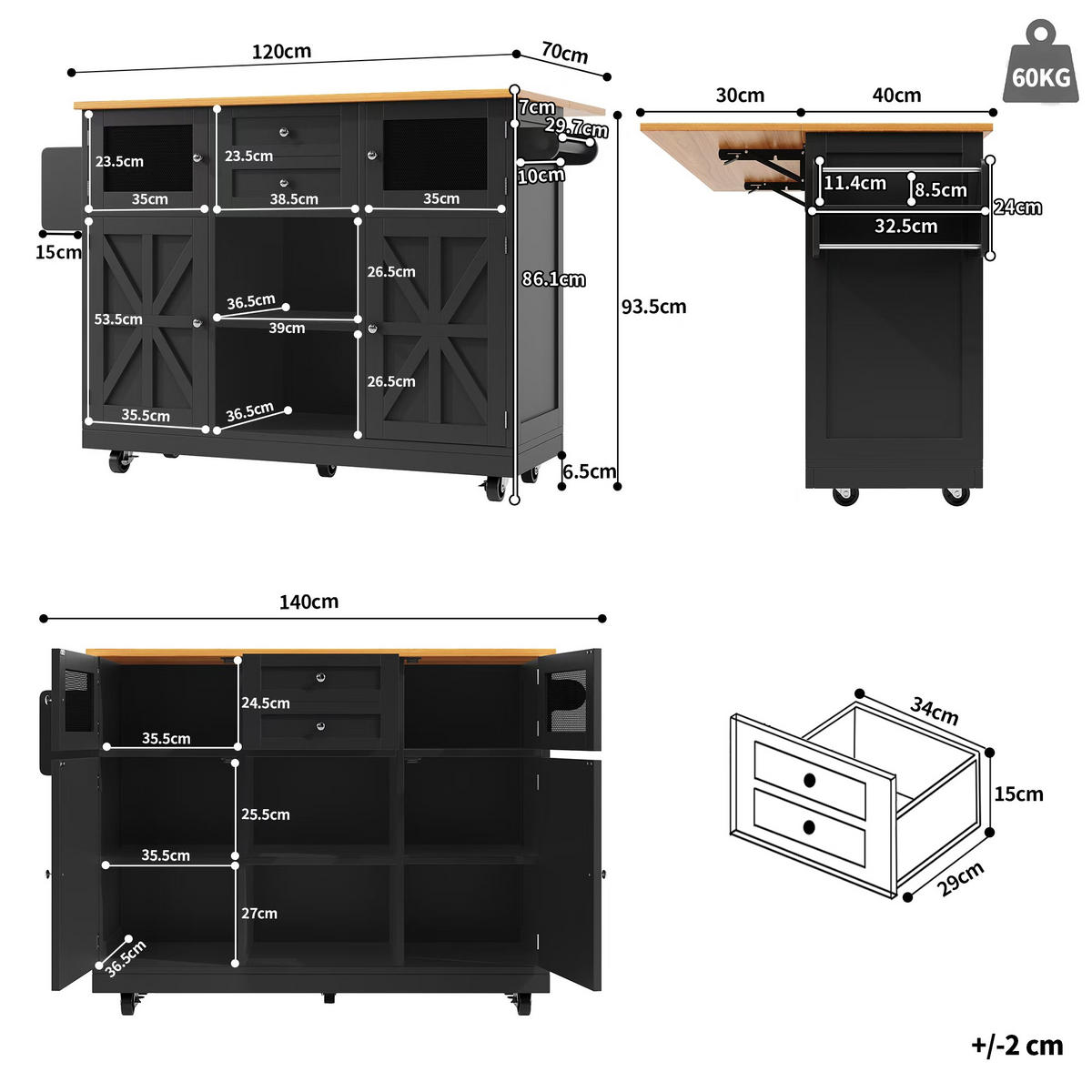 KÜCHENINSEL 140x40x93.5cm aus MDF/Metall mit Klappplatte,2 Schubladen - Schwarz, Holzwerkstoff (40/93.5/140cm) - Modfu