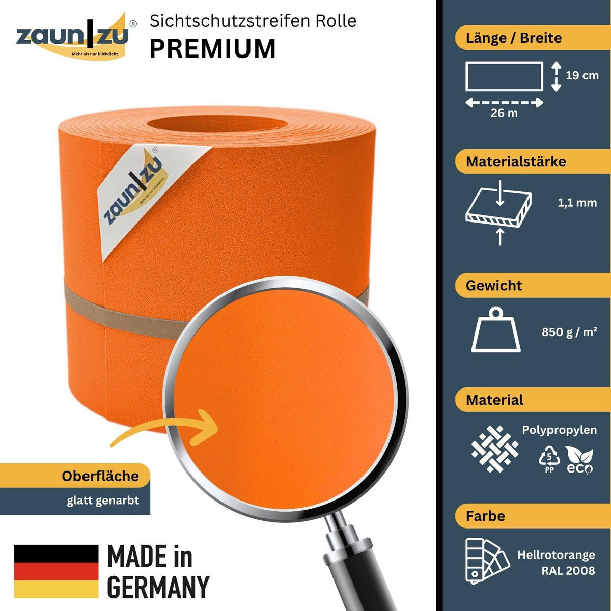 SICHTSCHUTZSTREIFEN Premium für Doppelstabmatten Zaunblende Orange, 26m - Orange, Kunststoff (2600/19cm) - ZAUN|ZU