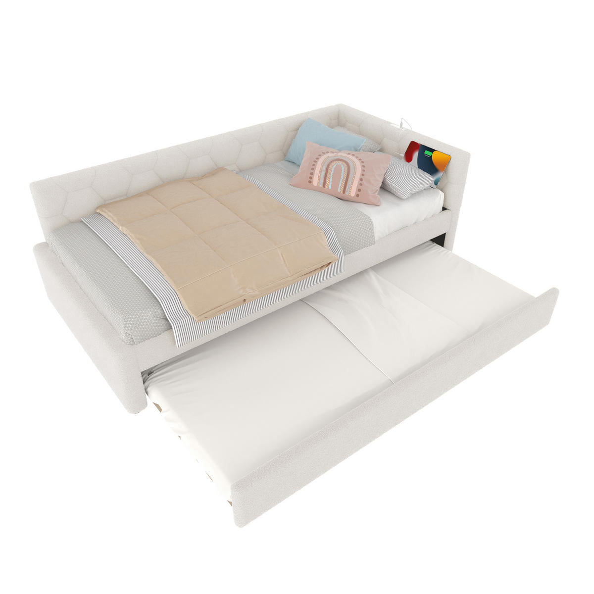 TAGEBETT 90x200cm Weiß Vliesimitat Nachttischlampe Ausziehbett USB-C - Weiß, Holz (90/200cm) - FLIEKS