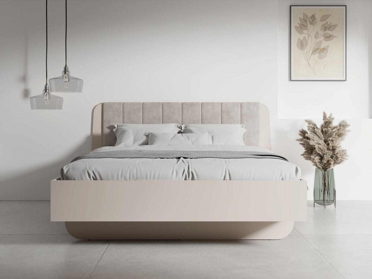 BETT LEVARO – 160×200 cm mit Bettkasten und anhebbarem Lattenrost Wüstensand - Sandfarben, Holzwerkstoff (160/200cm) - Milaros Markt
