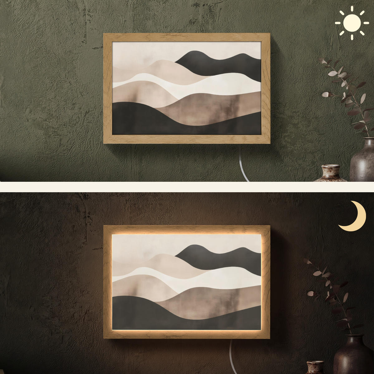 NÁSTĚNNÁ LAMPA Abstraktní - Krajina - Vlny - Krémová barva 30x20 cm - šedohnědá, kompozitní dřevo (30/20/8cm) - OnlyWow