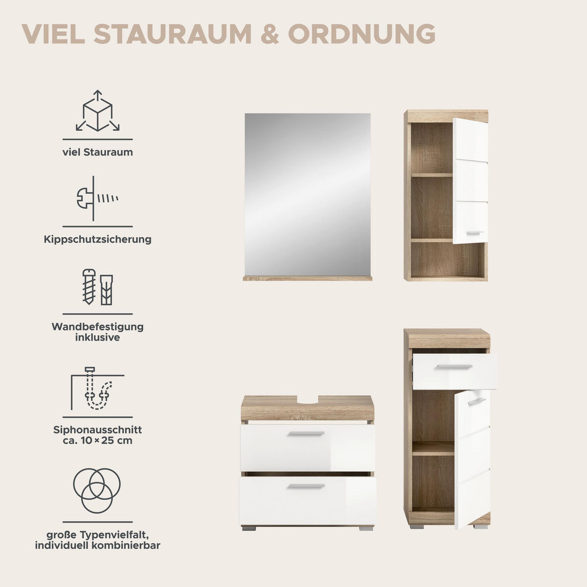 BADKOMBINATION 4tlg. Lambada Bad in Sonoma Eiche hell und weiß hochglanz B/H/T: 112x191x34 cm - Sonoma Eiche, Holz (112/191/37cm)