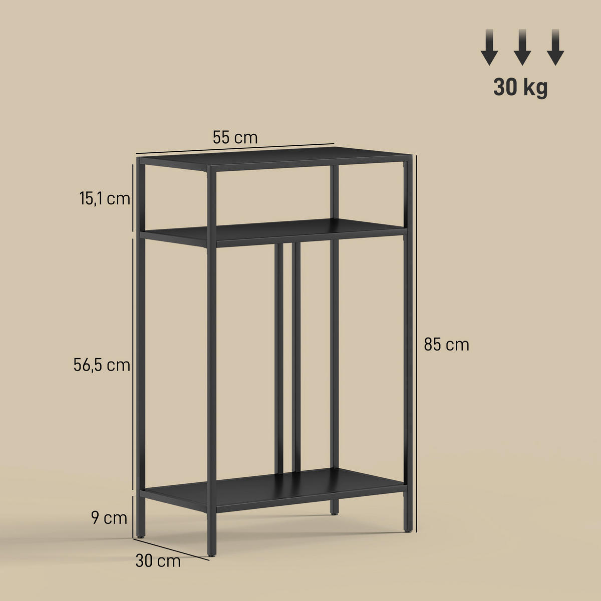KONSOLENTISCH 3-stufige Ablagen Schmaler Eingangsbereichstisch Stahlrahmen für Wohnzimmer Flur 55 cm Schwarz - Schwarz, Metall (55/85/30cm)