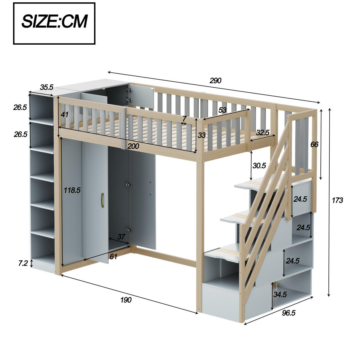 HOCHBETT 90/200 cm Grau mit Kleiderschrank und Stauraum - Grau, Holz (90/200cm) - MIVRAY