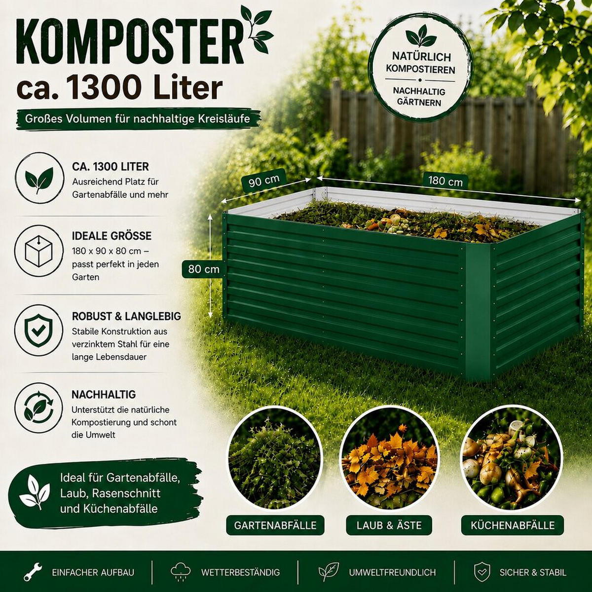 KOMPOSTER Garten, Grün, 180 x 90 cm - Grün, Metall (180/80/90cm) - Vicco