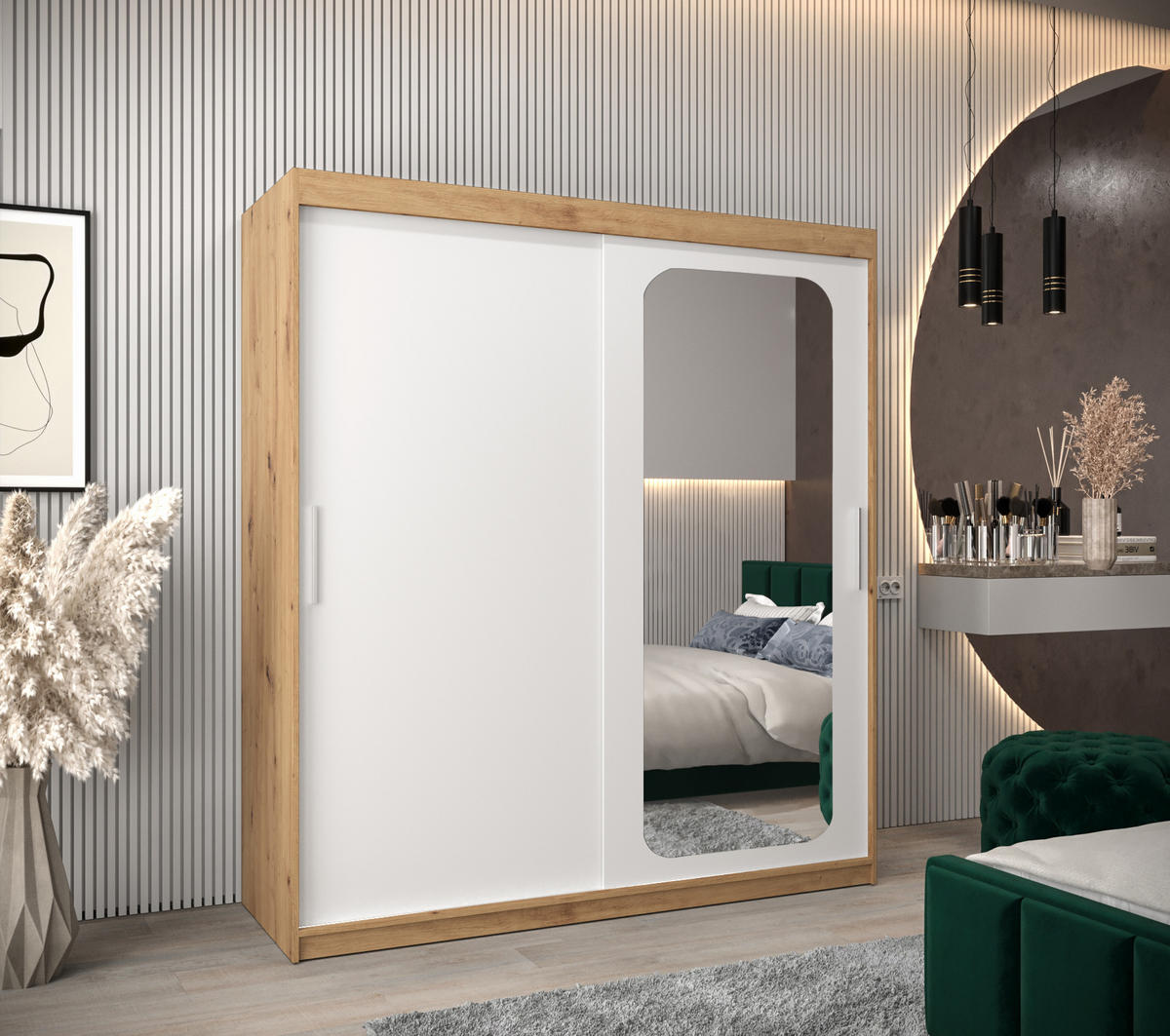 SCHWEBETÜRENSCHRANK 200/180/62 2-türig - Silberfarben/Weiß, Holz/Kunststoff (180/200/62cm) - Abiks Möbel