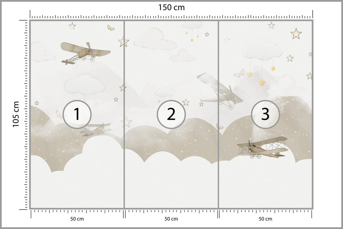 FOTOTAPETE für Kinderzimmer Flugzeuge Wolken Sterne Himmel 150x105 - Gelb/Beige, Papier (150/105cm) - Muralo