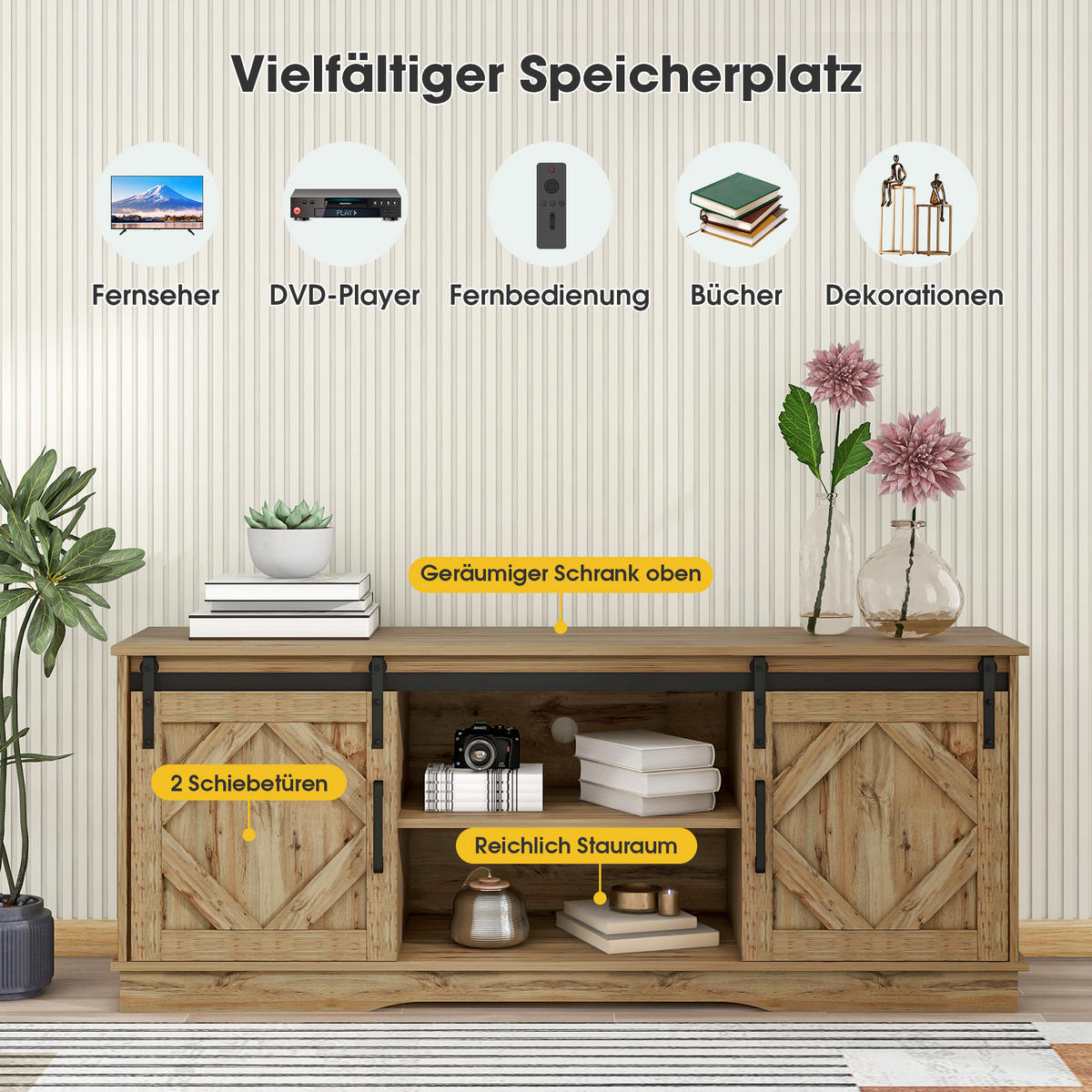 TV-ELEMENT 150/40/60 cm Braun mit 2 Schiebetüren und Einstellbare Regale - Braun, Holz (150/60/40cm) - Oxeza