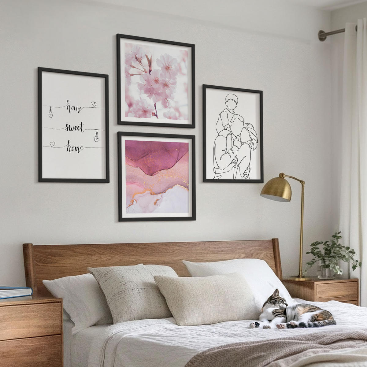 WANDBILDER 4er-Set - 50x50 cm & 40x60 cm Schwarzer Rahmen - Blumenfamilie minimalistisch - Schwarz, Kunststoff (50/50cm) - ArtPrintCave