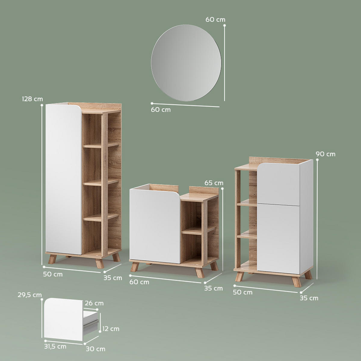 BADMÖBEL-SET Marano Sonoma/Weiß 4 Teile - Weiß/Sonoma Eiche, Holzwerkstoff (60/65/35cm) - Livinity®