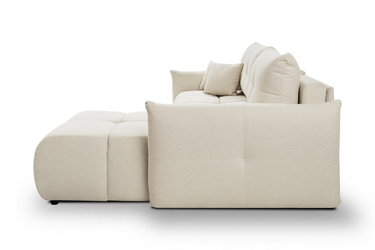 ECKSOFA MODA E Creme Geflochtener Stoff mit Schlaffunktion - Creme, Holz (257/177cm) - MASSENO
