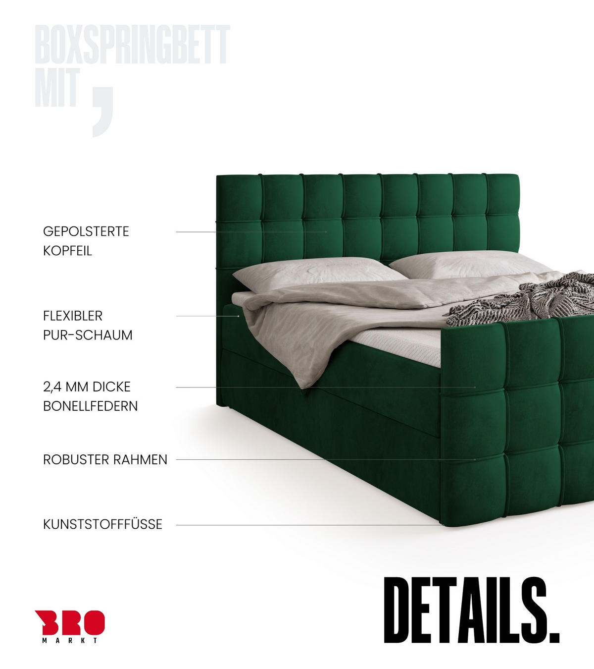 BOXBETT Detroit Duo mit Topper 140/200 Dunkelgrün - Dunkelgrün, Textil (140/200cm) - Bromarkt