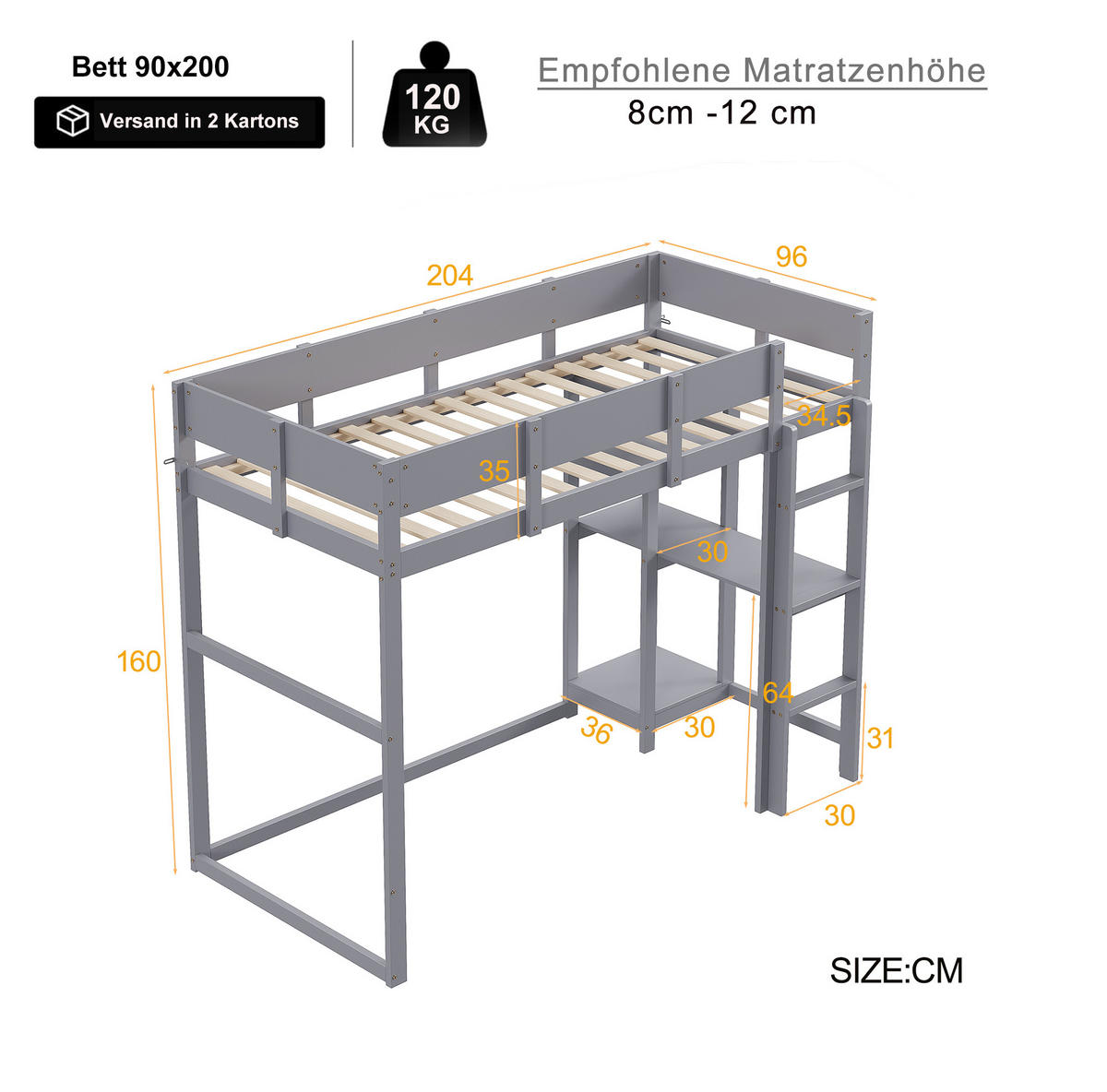 VISOKA postelja 90/200 cm siva z odlagalnim regalom iz masivnega lesa - siva, leseni material (90/200cm) - OKWISH