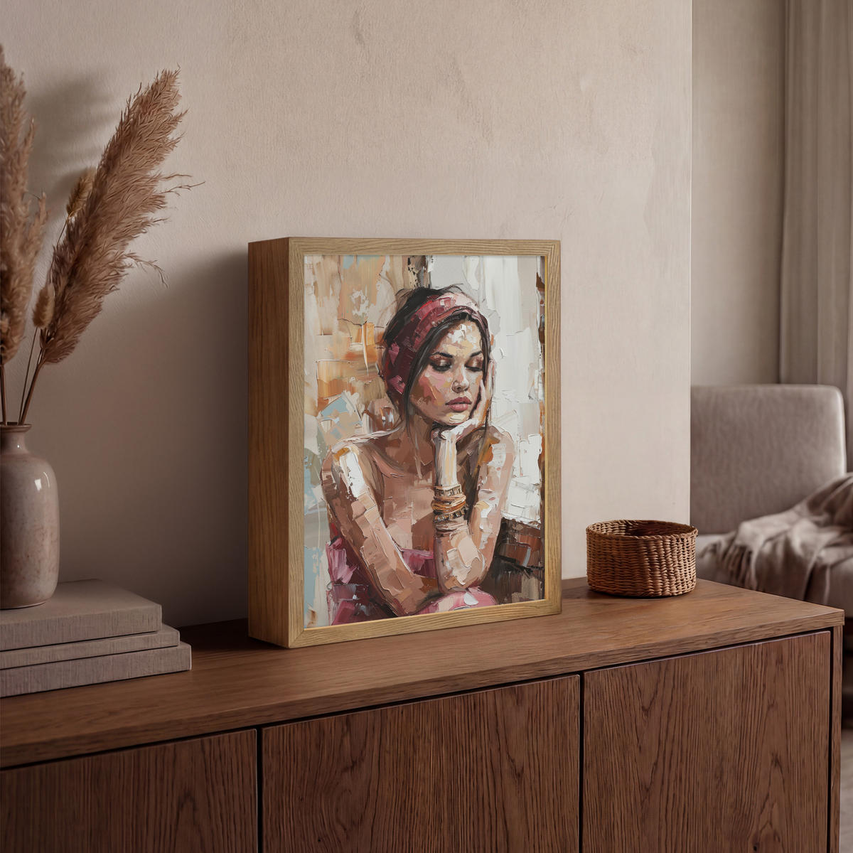 NÁSTĚNNÁ LAMPA S AKUMULÁTOREM Žena - vzhled malby - portrét - moderní 30x40 cm - hnědá, kompozitní dřevo (30/40/8cm) - OnlyWow
