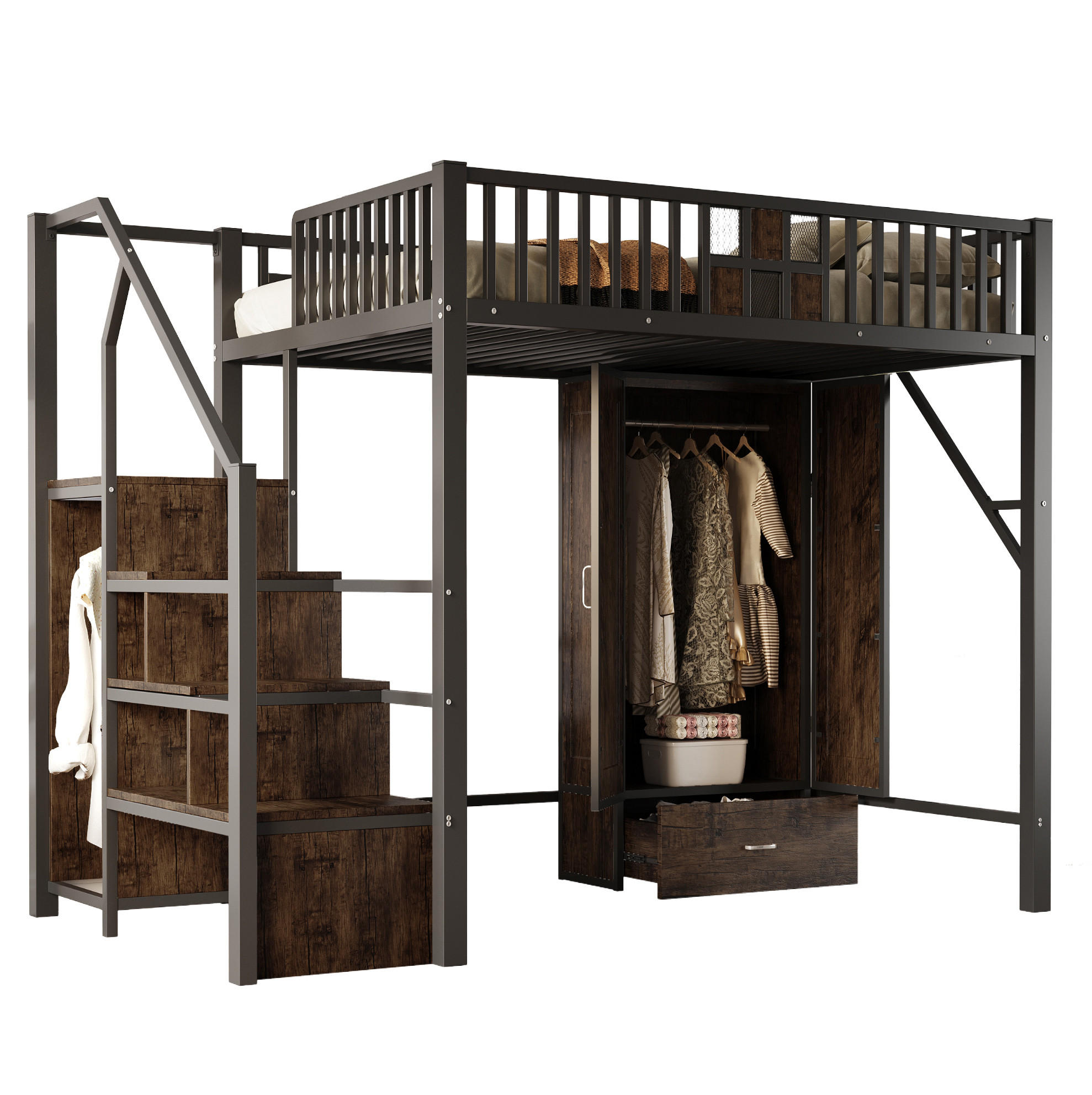 HOCHBETT 140/200 cm, Schwarz mit Kleiderschrank und Stauraum - Schwarz, Metall (140/200cm) - MIVRAY