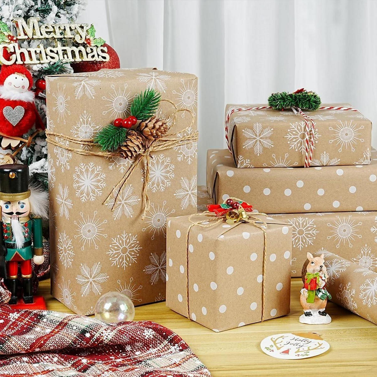 GESCHENKPAPIER Rolle Weihnachten 43 cm x 10 m Schneeflocken Dots Design - Braun, Papier (43/0.1/1000cm)