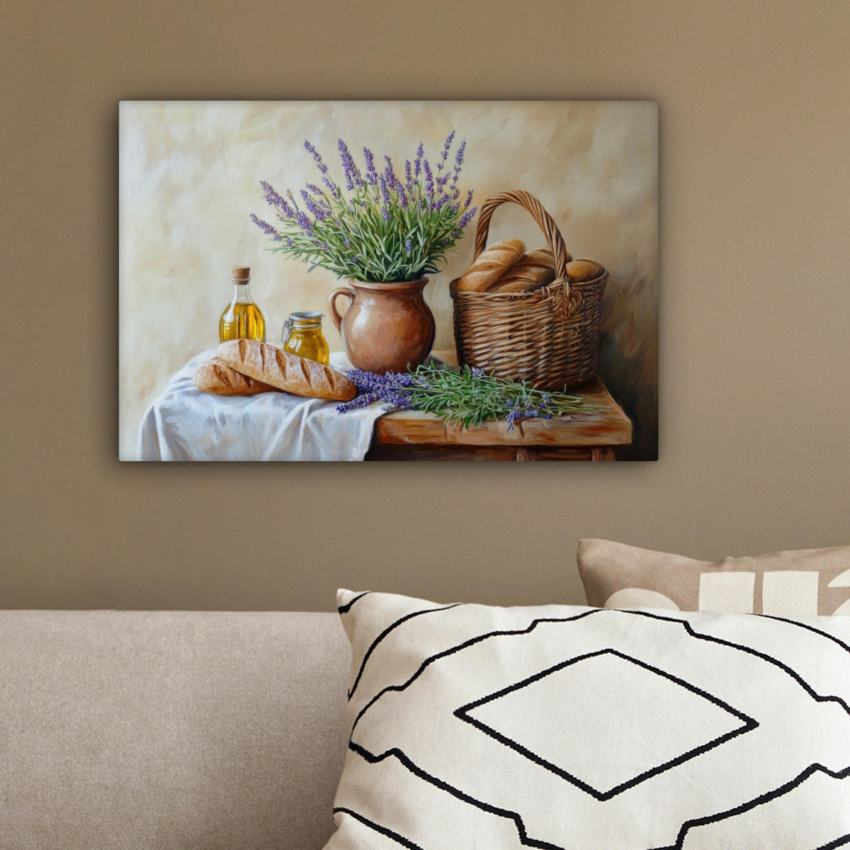 LEINWANDBILD Lavendel - Brot - Stilleben 30x20 cm - Flieder, Textil (30/20cm) - MuchoWow