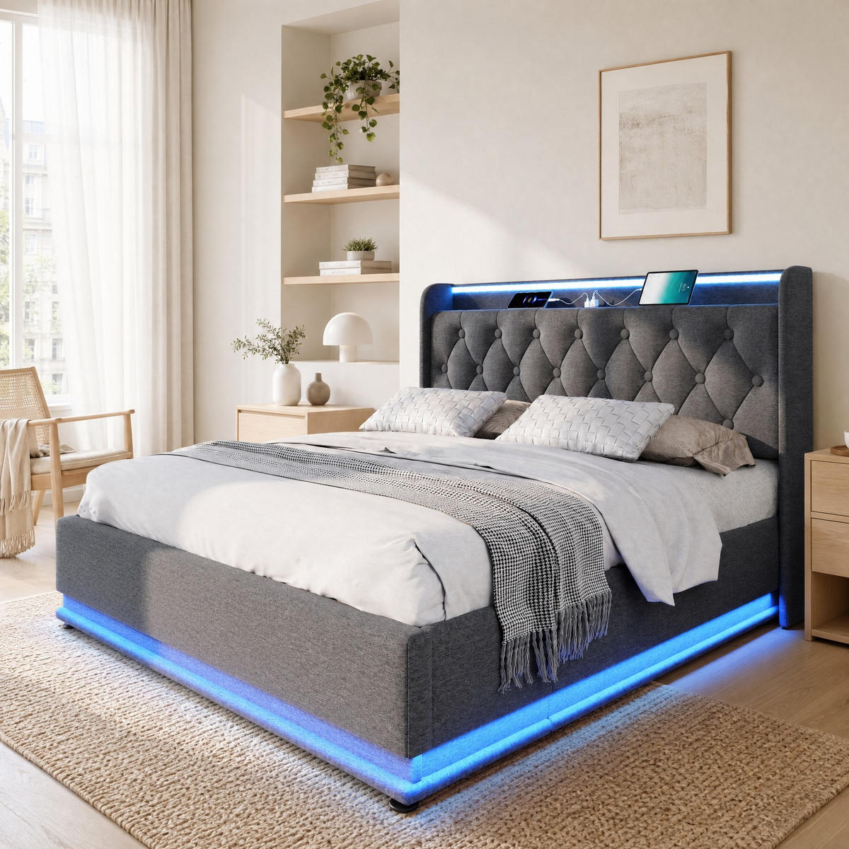 POLSTERBETT 160/200 mit Bettkasten, LED und USB in Grau - Grau, Holzwerkstoff/Textil (160/200cm) - EVRYAE