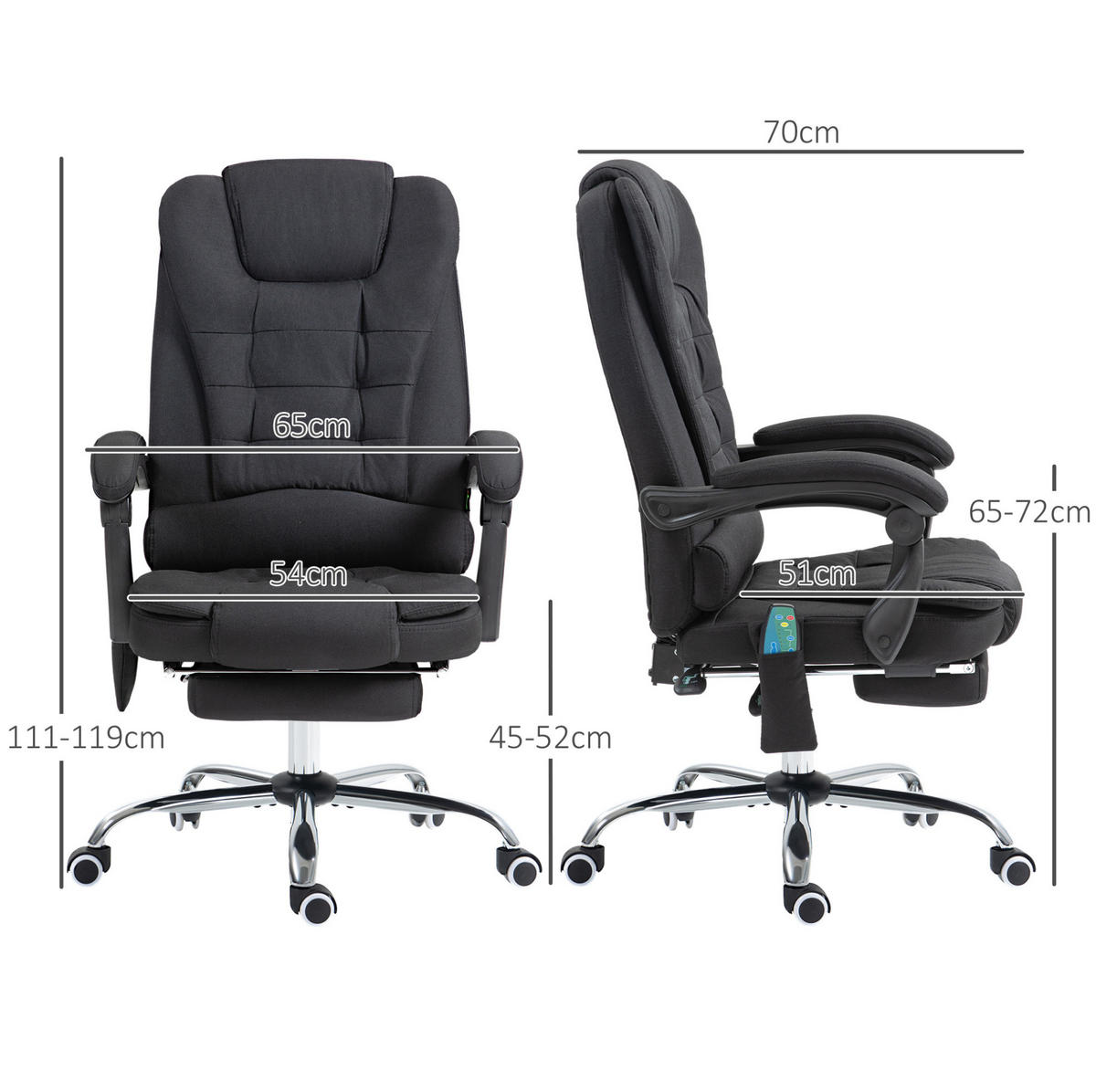 BÜROSTUHL in Schwarz 70x65x119 cm mit Massage- und Heizfunktion, verstellbarer Rückenlehne und Fußstütze - Schwarz, Textil (65/119/70cm) - IVMEU