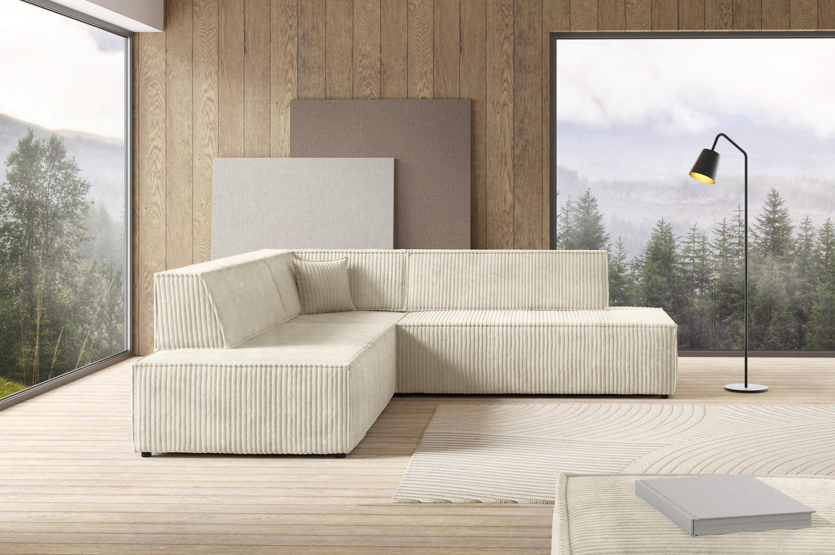 ECKSOFA TESSO II L-S Creme Kordstoff mit Schlaffunktion - Creme, Holz (254/254cm) - MASSENO