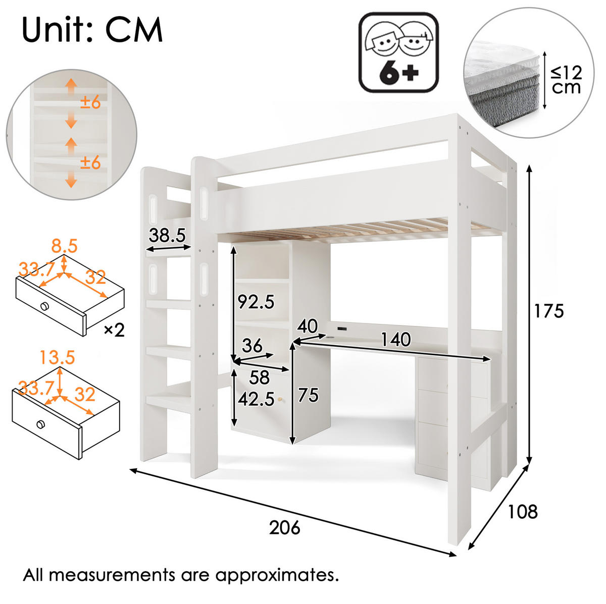 HOCHBETT 90/200 cm Weiß aus MDF, Spanplatte und Massivholz mit Schreibtisch und Stauraum - Weiß, Holzwerkstoff (90/200cm) - OKMYHOME