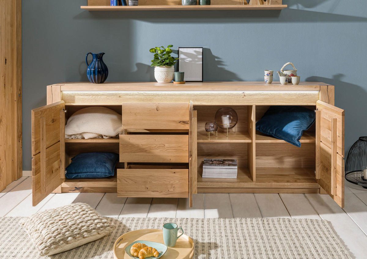 SIDEBOARD Wildeiche 223x40x85 beige geölt KENT #231 - Beige, Holz (223/85/40cm) - Massivmoebel24
