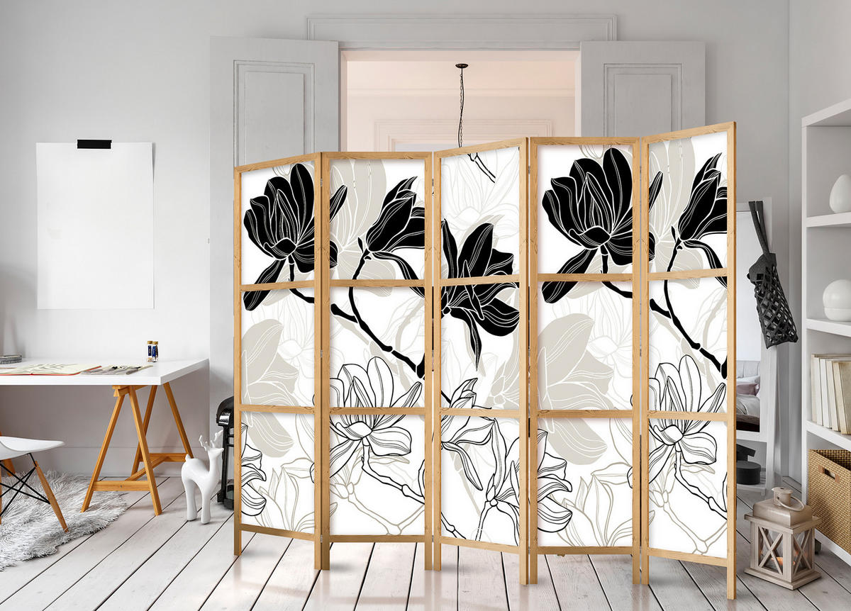 PARAVENT Japanischer 5-tlg 225x172 cm Schwarz-Wei e Magnolien - Multicolor, Holz/Textil (225/172/3cm) - Muralo