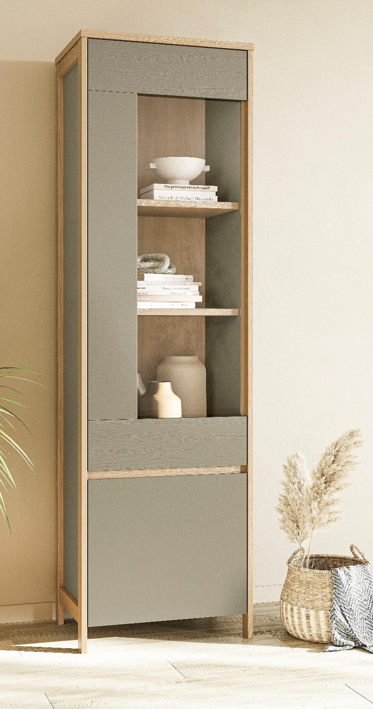 VITRINE Salbei grün, Eiche 58 cm, Vitrinenschrank mit Soft-Close - Salbeigrün/Eichefarben, Glas/Holzwerkstoff (58/195/39cm) - Furn.Design