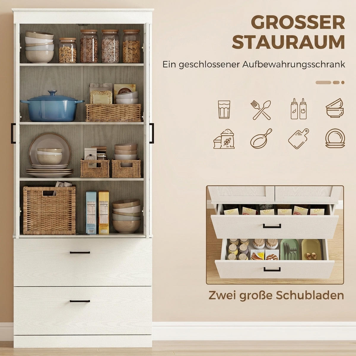 KÖKSSKÅP i spånskiva, krämvit - Cremefärgad/Svart, Träbaserade material/Plast (39/178/75cm) - HOMCOM