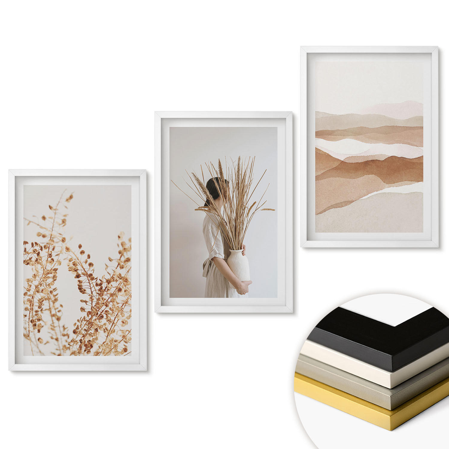 WANDBILDER 3er-Set - 40x60 cm Weißer Rahmen - Rustikale Boho-Blumenmotive - Weiß, Kunststoff (40/60cm) - ArtPrintCave