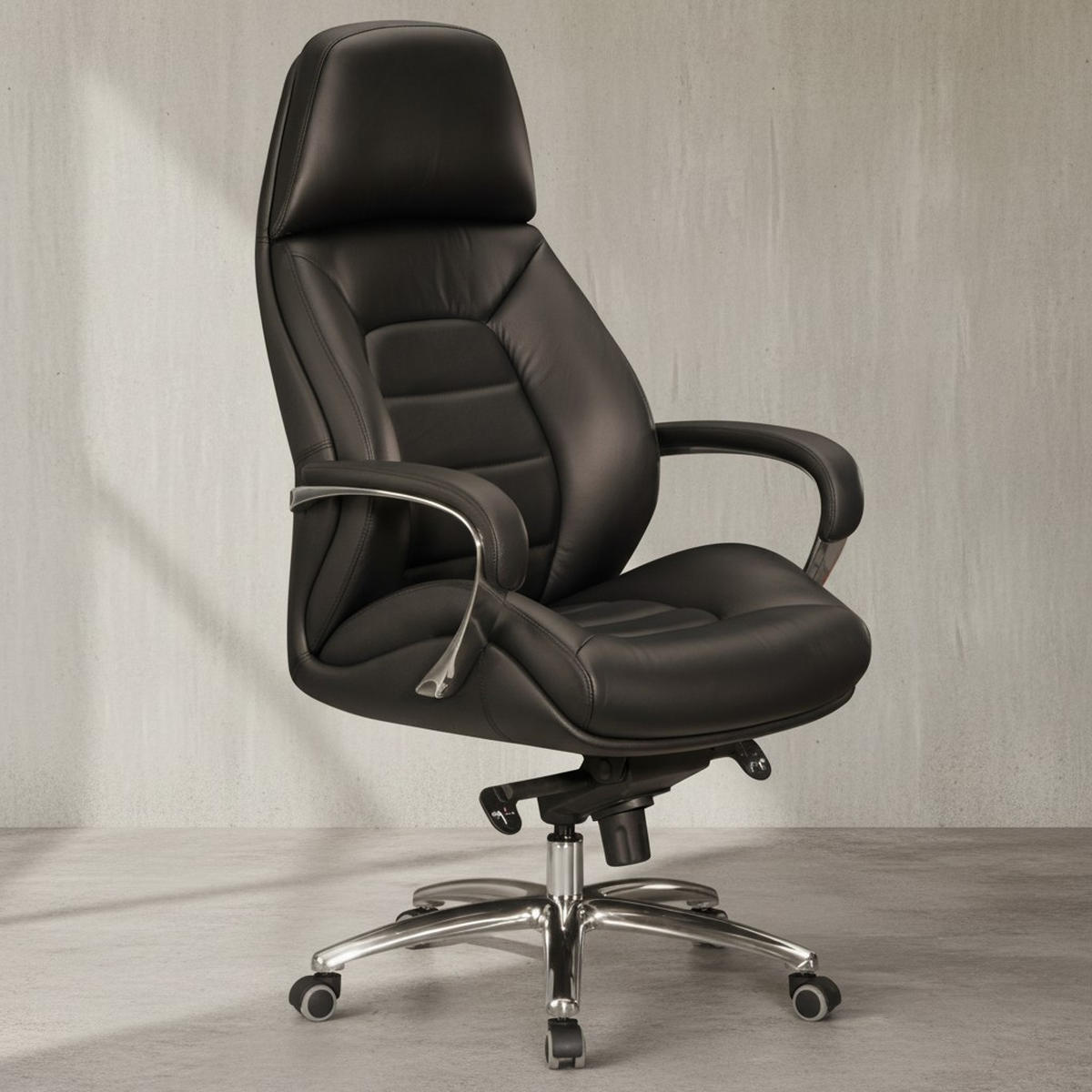 CHEFSESSEL Leder mit Multiblockwippmechanik bis 120 kg MIRON, Schwarz 67x67x137 cm - Silberfarben/Schwarz, Leder/Metall (67/137/67cm) - KADIMA DESIGN