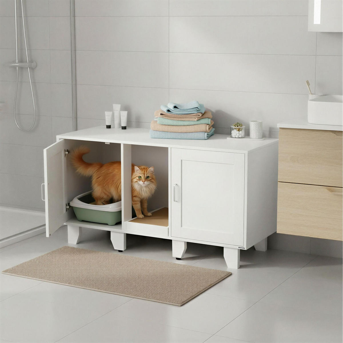 KATZENSCHRANK Freya,inklusive Kratzmatte, 120 x 52 x 65 cm,weiß - Weiß, Holz (120/65/52cm) - tectake