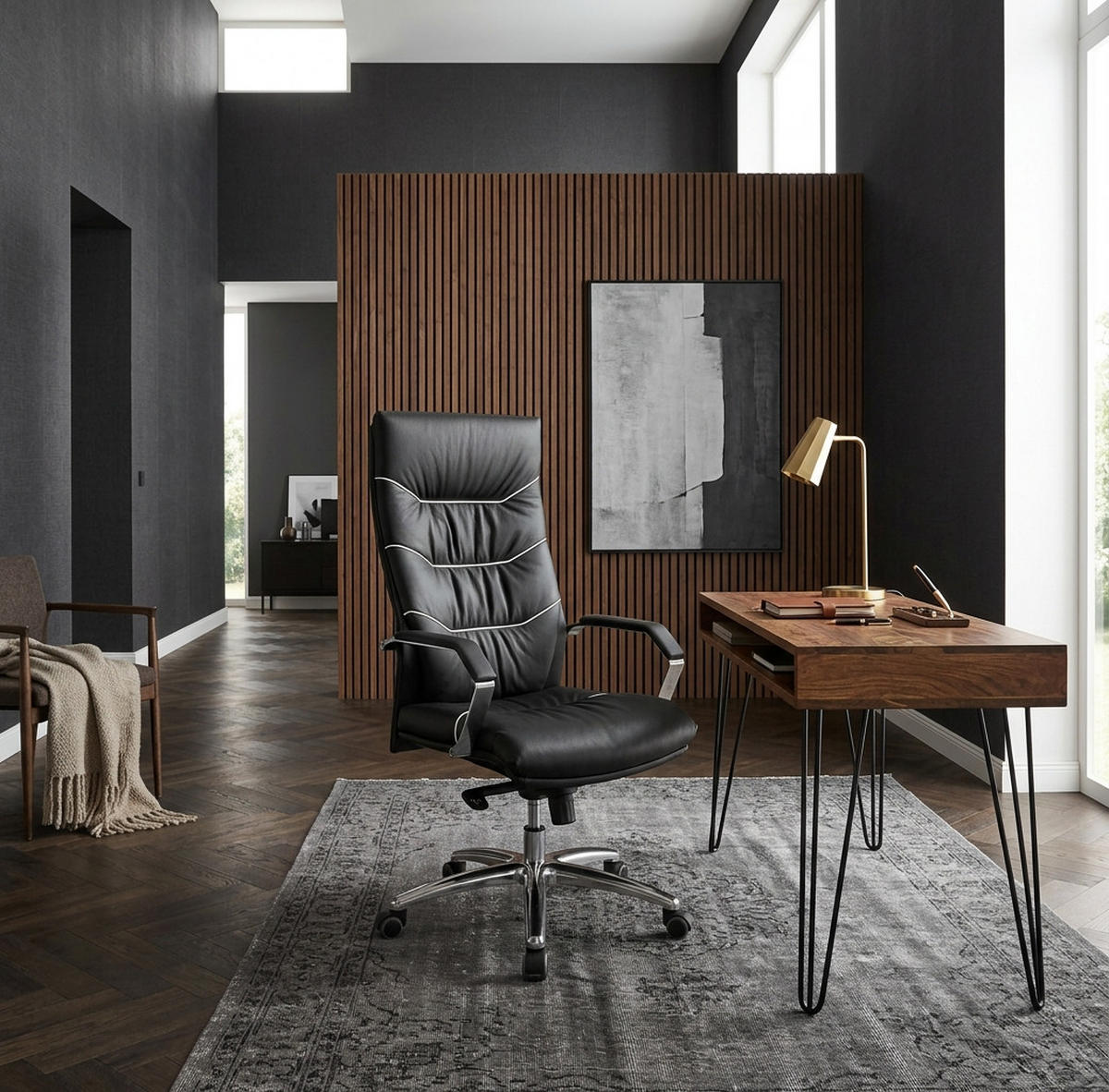 CHEFSESSEL Echtleder mit Soft-Air Polsterung und Aluminiumfußkreuz 5-Punkt-Mechanik KANZAS - Silberfarben/Schwarz, Leder (60/126/55cm) - KADIMA DESIGN