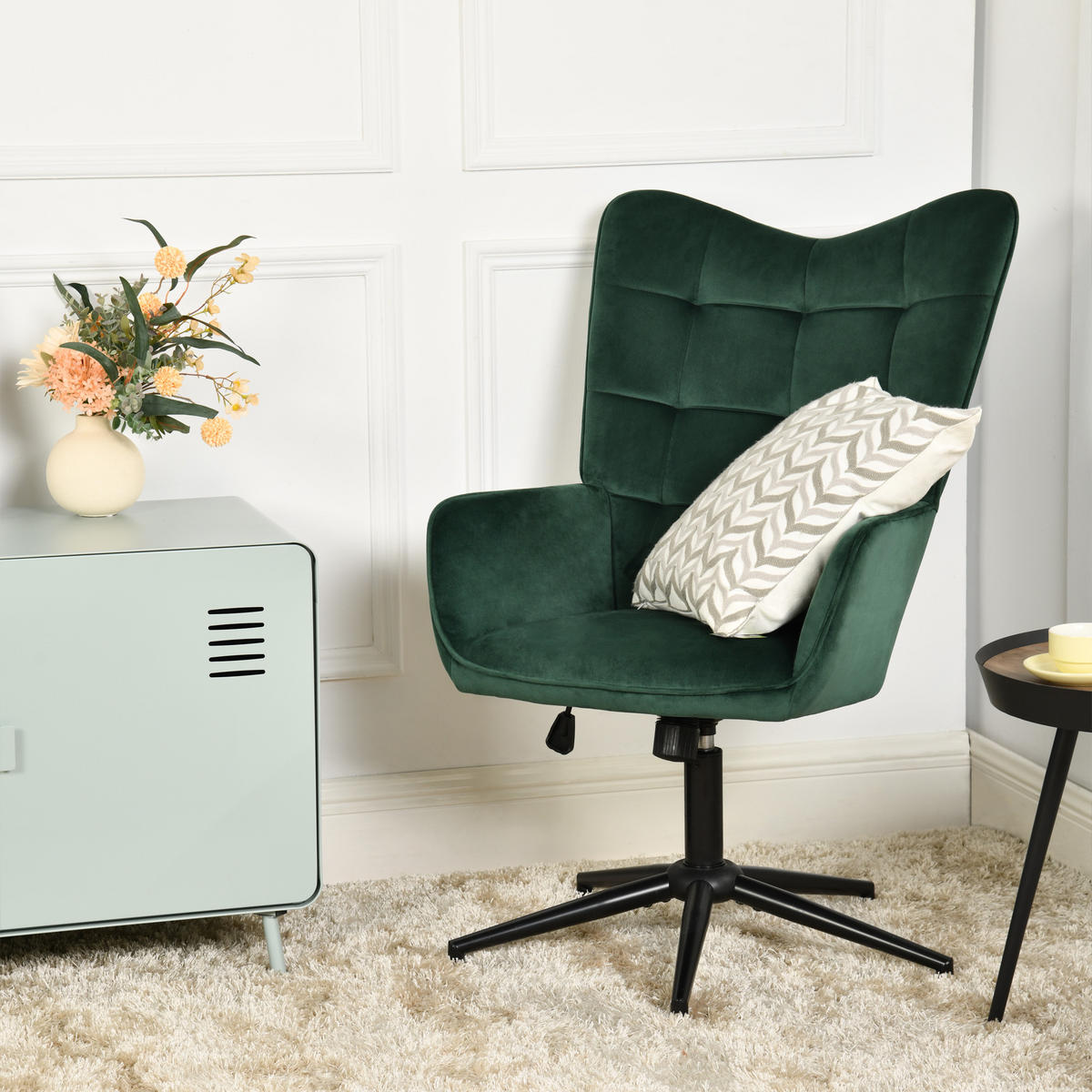 SESSEL höhenverstellbar, Grün Samt - Dunkelgrün/Schwarz, Holz/Textil (70/107/68cm) - Urban Meuble