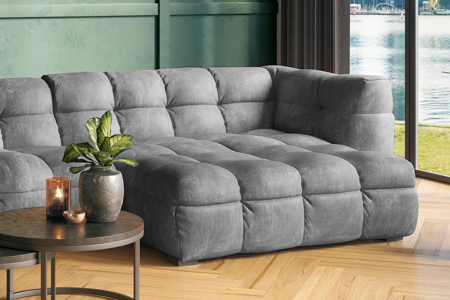 ECKSOFA RIO Hellgrau Velvet - Hellgrau/Schwarz, Textil (319/170cm) - KAWOLA