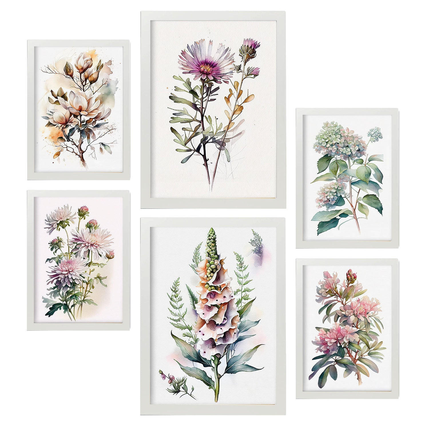 POSTER Set Mit 6 Waldblumen Vollfarbige Natur Und Botanikdrucke Mit Blumenmotiven Auf Reinweißen Hintergründen Innenarchitektur A3 & A4 Weißer Rahmen - Weiß, Papier (29/3cm) - Nacnic