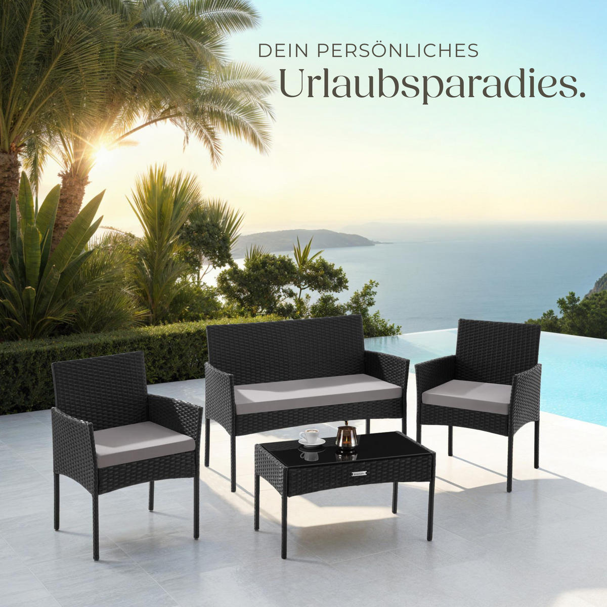 RATTAN GARTENSET Palese,Sofa 250 kg, je Sessel 120 kg,schwarz - Schwarz, Kunststoff - tectake