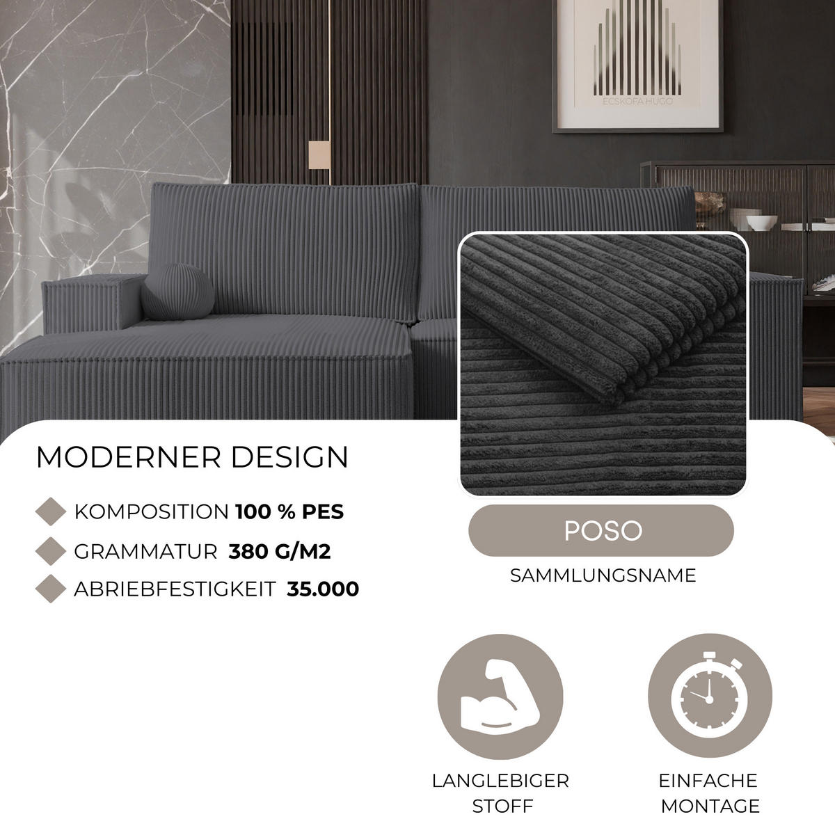 ECKSOFA HUGO Rechts, mit Schlaffunktion und Bettkasten, Dunkelgrau - Dunkelgrau, Textil (255/148cm) - Idohome