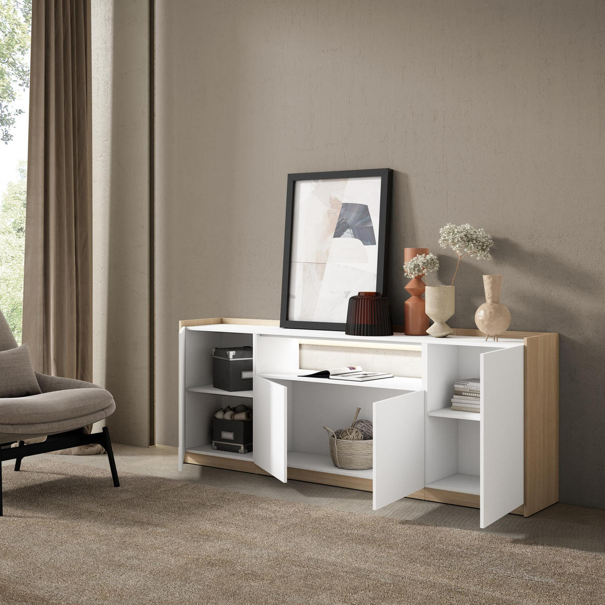 SIDEBOARD, Weiß und Eiche, 207/37/80cm, mit Led - Weiß, Holzwerkstoff (207/80/37cm) - Skraut Home