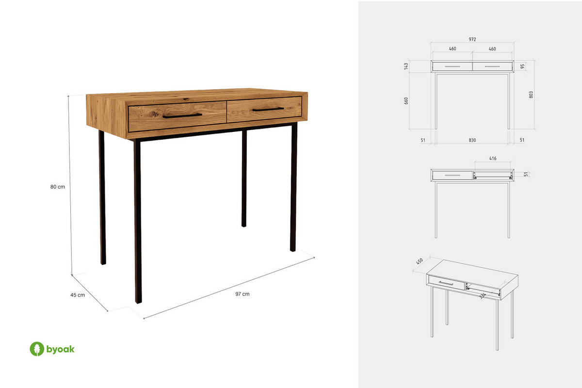 SCHMINKTISCH LEON Wildeiche - Wildeiche, Holz (45/97/80cm) - byoak