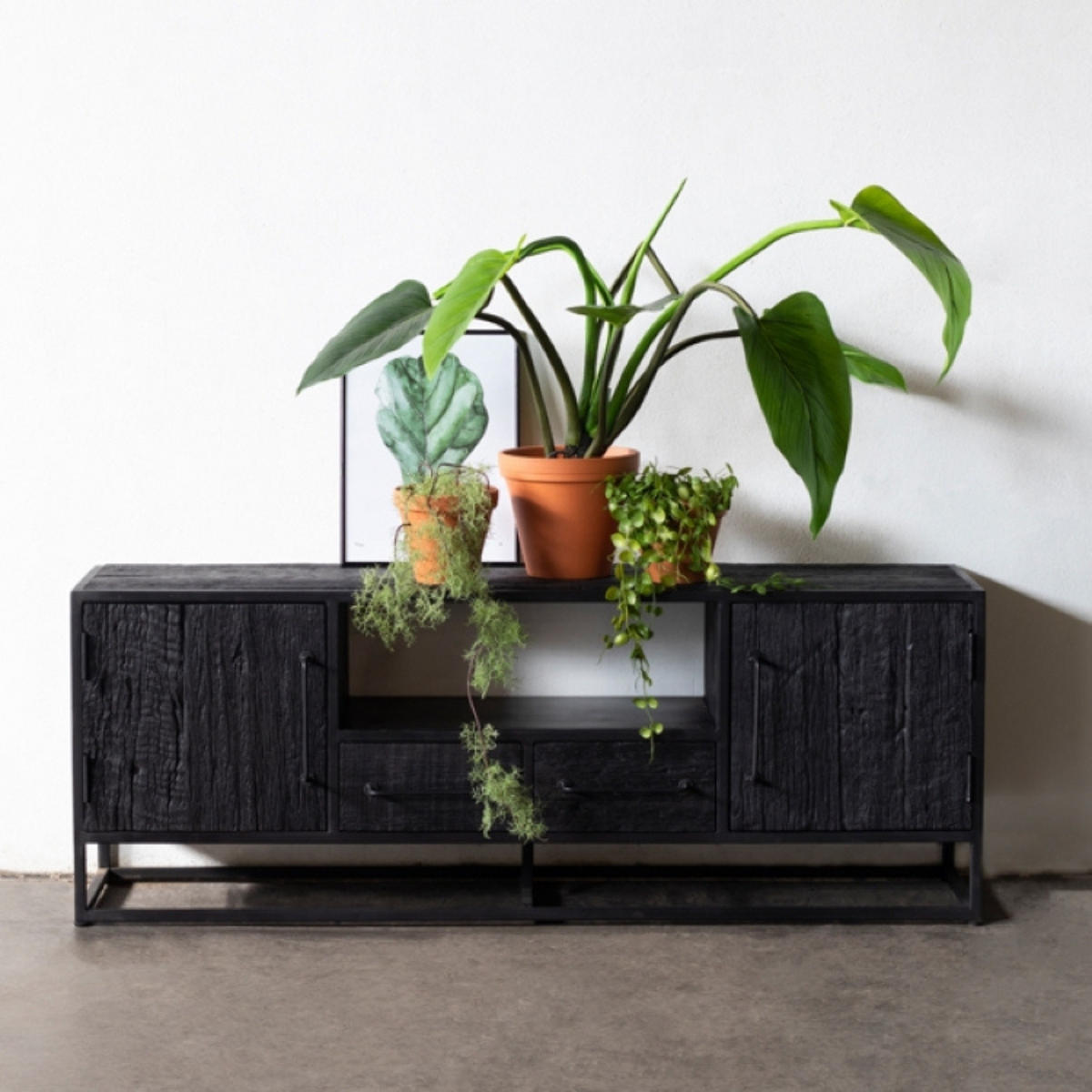 TV-SCHRANK aus Mangoholz, schwarz - Schwarz, Holz (150/55/40cm) - Giga Meubel