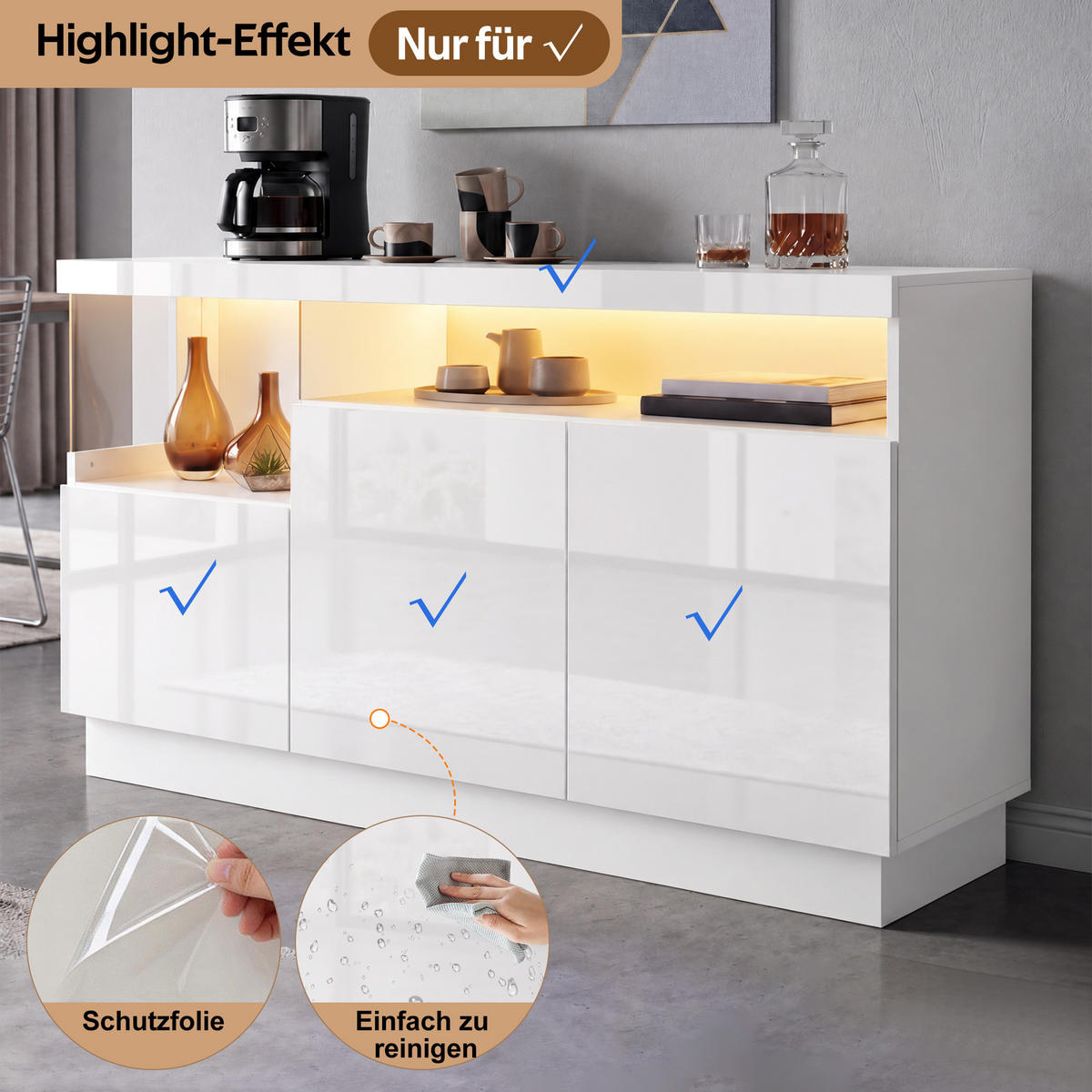 SIDEBOARD DE-37502 140/36/80 cm mit LED-Beleuchtung Weiß Hochglanz - Weiß, Holzwerkstoff (140/80/36cm) - ComfortXL