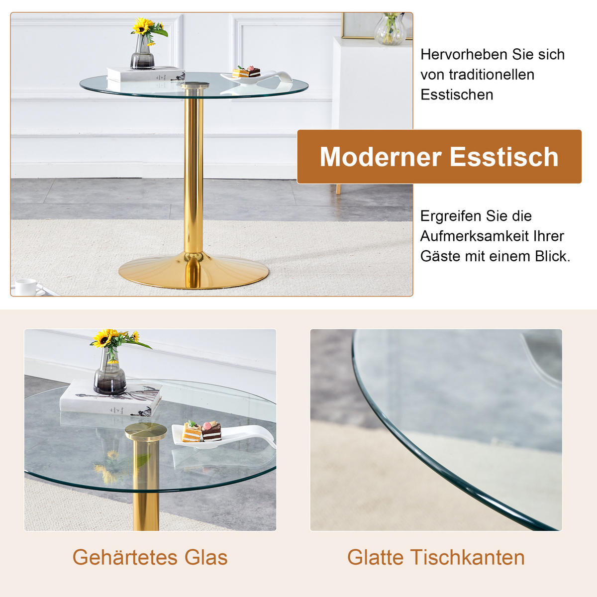 TISCH-UND-STUHL-SET 85 cm Glas Schwarz/Gold - Schwarz, Metall (85/76/85cm) - Meubliv