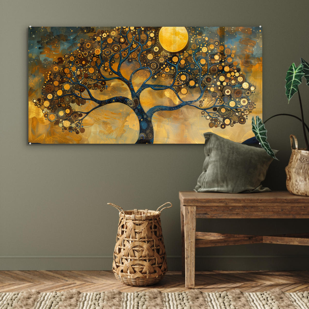 ACRYLGLASBILD Baum - Mond - Blumen - Gold - Kunst 120x60 cm - Orange, Glas (120/60cm) - MuchoWow